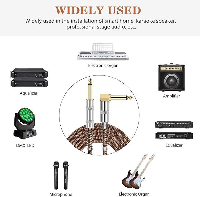 JOLGOO Guitar Cable, 1/4 Inch Cable 15 Ft, Straight to Right Angle 6.35mm Plug Bass Keyboard Instrument Cable, Orange and Black Tweed Cloth Jacket, Electric Mandolin, pro Audio