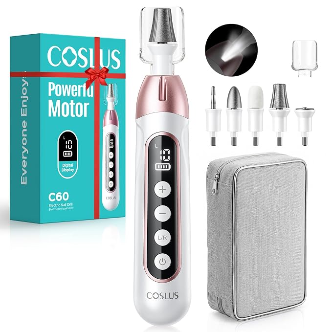 COSLUS C60 Professional Pedicure Manicure Kit: Cordless Electric Nail File with 10 Speed & LCD Display, Thick Toe Nail Grinder for Hand Feet, Remove Cuticles, Callus for Men Women Seniors, Home Salon