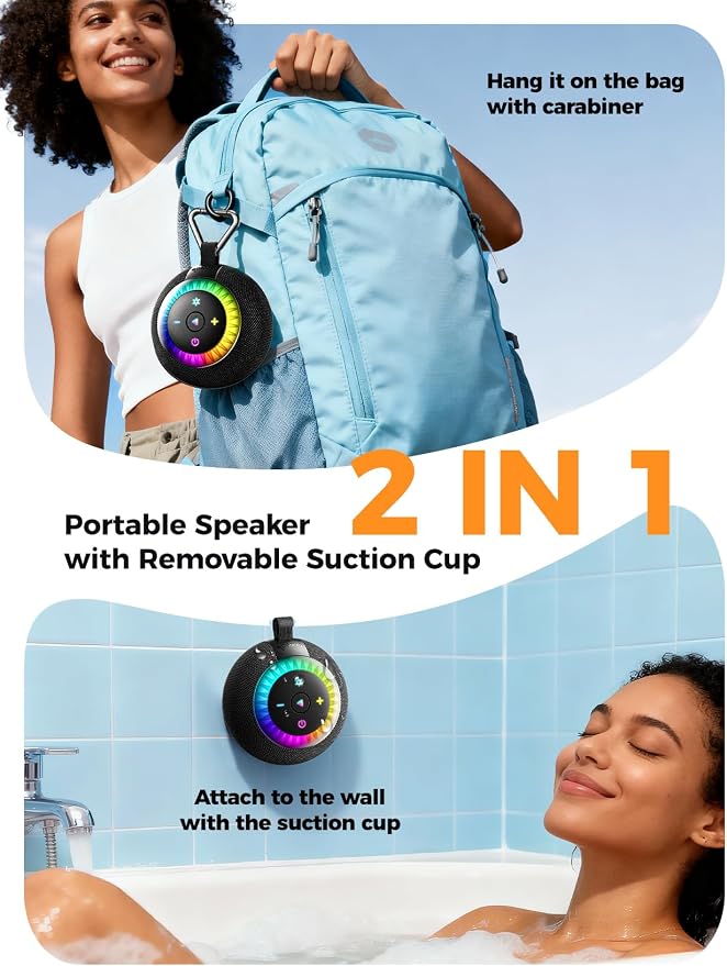 Bluetooth Shower Speaker Waterproof IPX7: Removable Vacuum-Lock Suction Cup, 360° Surround Sound, RGB Light, Portable Wireless Speaker for Beach, Pool, Kayak, Back to School Gifts for Adult Teen-Black