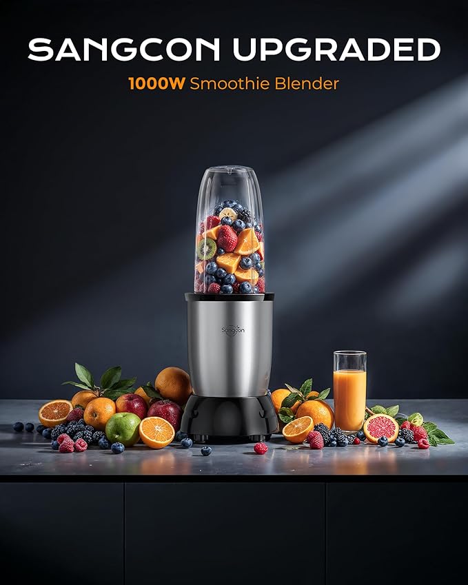 Sangcon 1000w Smoothie Blender for Kitchen, Blender for Smoothies, with 37oz/32oz/22oz Bpa-Free Cups – Upgraded Portable Personal Blenders for Shakes, Frozen fruit, Baby Food, Spice Grinding & More