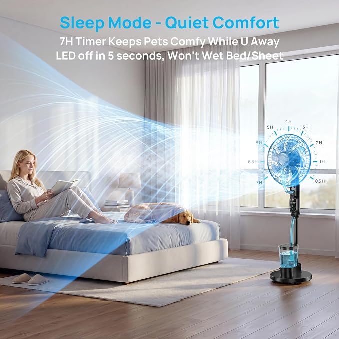 Misting Fan, 16'' Standing Fan with Humidifier, Oscillating Fan with 3 Winds 9 Speeds, Ultrasonic Humidifier for Bedroom/Living Room/Office, 0.5-7H Timer for Daily Indoor Cool