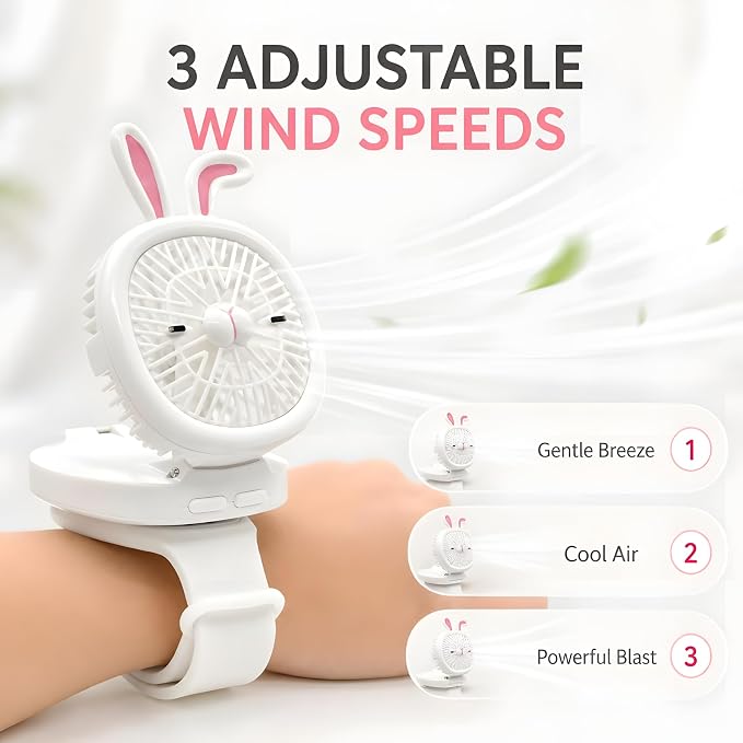 Personal Fan with Wrist Strap - Battery Operated, USB Rechargeable Fan Portable, LED Lights, 3 Adjustable Speed - Portable Fans for Kids Children Boys Girls Indoor Outdoor (White)