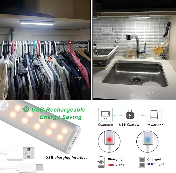 LDOPTO Under Cabinet Lighting, 4 Pack Rechargeable Motion Sensor Light Indoor, 10 Levels Dimmable Magnetic Closet Lights, Wireless Under Counter Lights 3 Colors for Kitchen, Stairs
