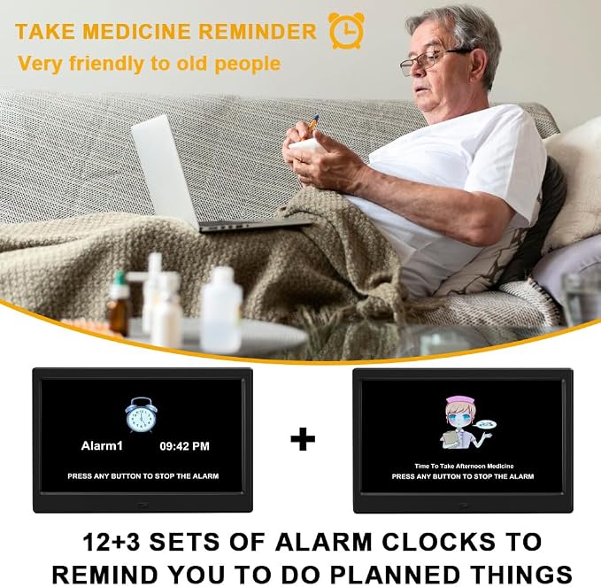 Alarm Clock with Day and Date for Elderly Digital Calendar Clock Photo Frame- Auto Dimmable Display 15 Alarm Options, Clock with Non-Abbreviated Day & Month (10.1 inch Black)