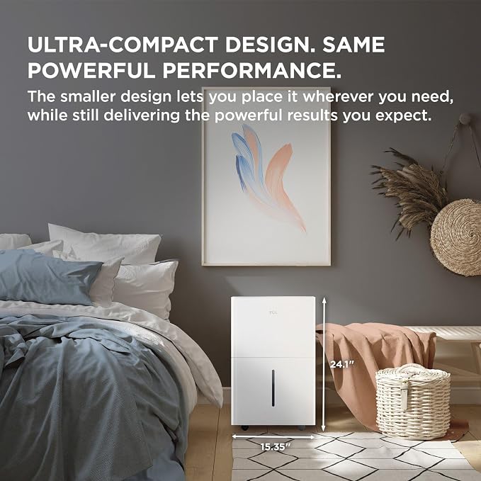 TCL 32-Pint Capacity Quiet, Energy Efficient Portable Dehumidifier, Precise Humidity Control, Bucket or Continuous Drain, Compact Humidity Absorber for Home, Attic, Garage & Rooms up to 3000 Sq Ft