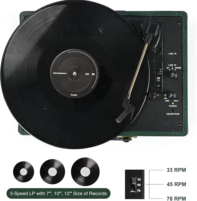Vinyl Record Player 3-Speed Bluetooth Suitcase Portable Belt-Driven Record Player with Built-in Speakers RCA Line Out AUX in Headphone Jack Vintage Turntable Dark Green