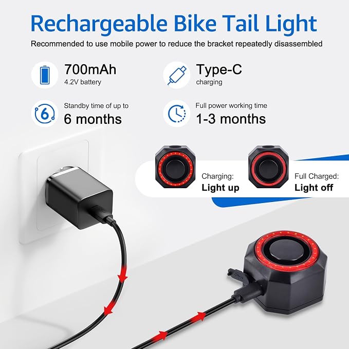 NineLeaf Bicycle Tail Light Rechargeable,Bike Tail Light with Alarm and Remote,Bike Alarms for Ebikes,IP65,113dB Alarms, Level 7 Sensitivity, Auto ON/Off Bike Tail Light with Smart Brake Lights