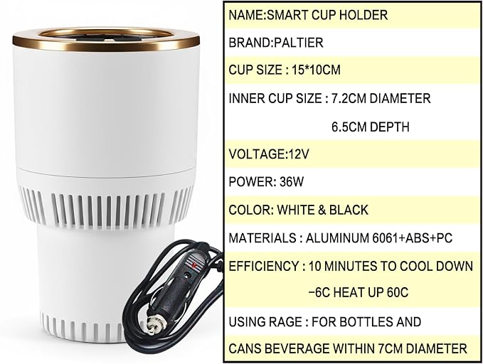 Auto Car Cup Holder Heating Cooling Drinks Smart Cooler Warmer Heater for Coffee Beverage Milk (White with Gold)