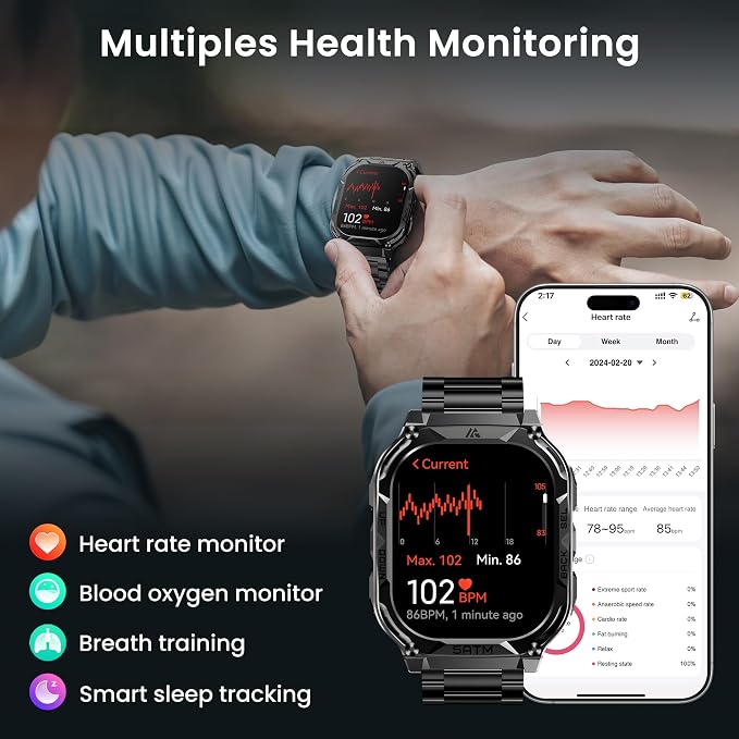 AMAZTIM Smart Watch with GPS - Rugged Outdoor Fitness Watch, 170+ Sports Modes, 5 ATM Waterproof, 1.96" AMOLED, Answer/Make Calls, Android & iOS Compatible (2 Straps)