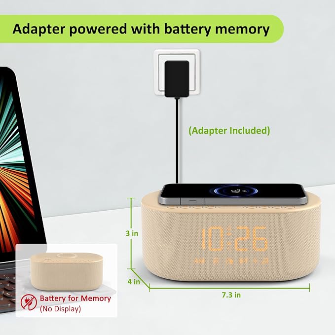 DreamSky Bedroom Radio Alarm Clock with Wireless Charger for Samsung iPhone | Bluetooth Speaker, Loud Alarm for Heavy Sleepers, FM Radio with Sleep Timer, 0-100% Dimmer, 9 Alarm Sounds & 16 Volumes, USB