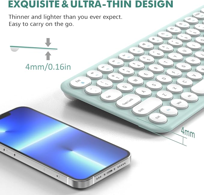 Wireless Keyboard and Mouse, XTREMTEC Compact Full Size Cute Keyboard Retro Round Keycap - 2.4GHz Ultra-Slim Quiet Aesthetic Keyboard for Laptop iMac Windows Computer (Macaron Green A)