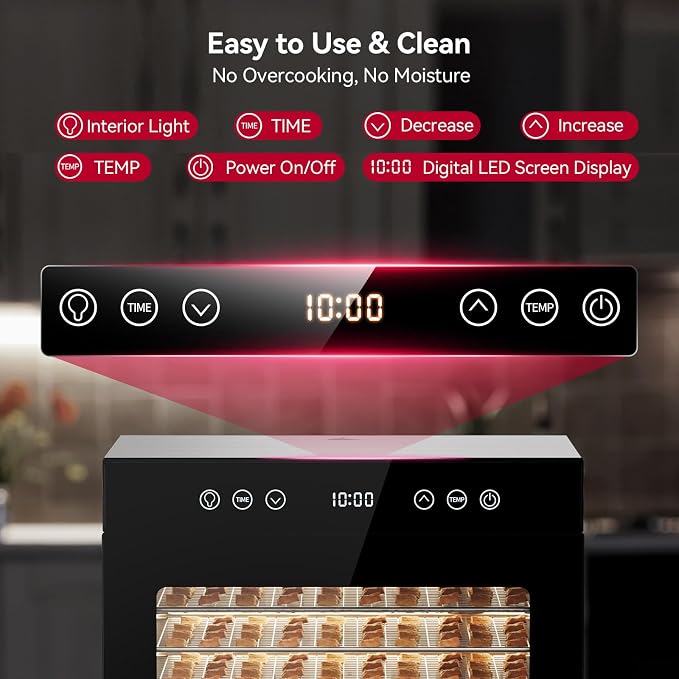 Food Dehydrator Machine, Powerful Food Dryer with 8 Stainless Steel Trays, Adjustable Temperature up to 167°F & 48-Hour Timer for Jerky, Fruits, Herbs - Includes Mesh Tray, Drip Tray & Recipe Guide