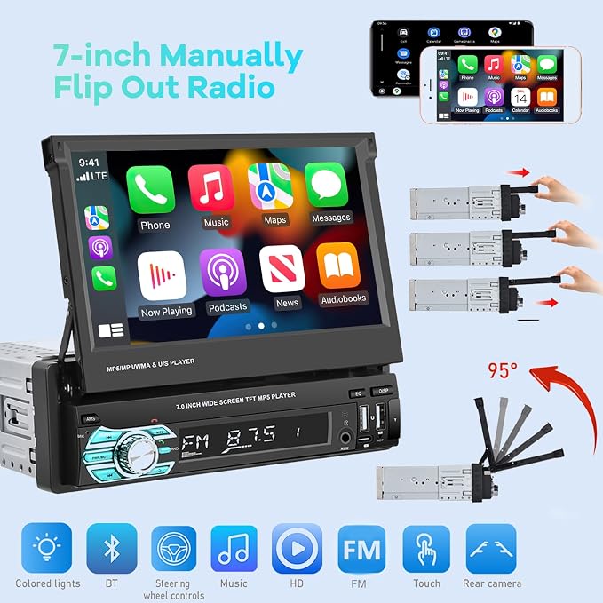 Single Din Flip Out Screen Car Stereo with Wireless Carplay and Android Auto, 7 inch 1 Din Touch Screen Radio Support Bluetooth/SWC/USB/FM + Backup Camera + Mic + Remote Control