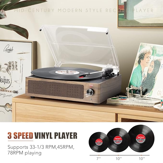 Vinyl Record Player with Speakers Vintage Turntable Vinyls Records Belt-Driven Turntables Support 3-Speed Wireless Playback Headphone AUX RCA Line LP Vinyl Players for Sound Enjoyment Retro Wood Cyan