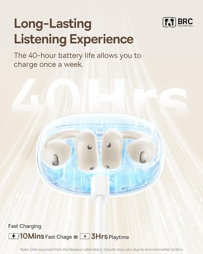 Baseus Bowie MC1 Open Ear Clip-On Earbuds, Adaptive Comfort with Anti-Drop Design, Impactful Sound with Adaptive Bass Boost, Adaptive Noise Cancelling Calls, IP57 Waterproof, 40H Playtime, Lightweight