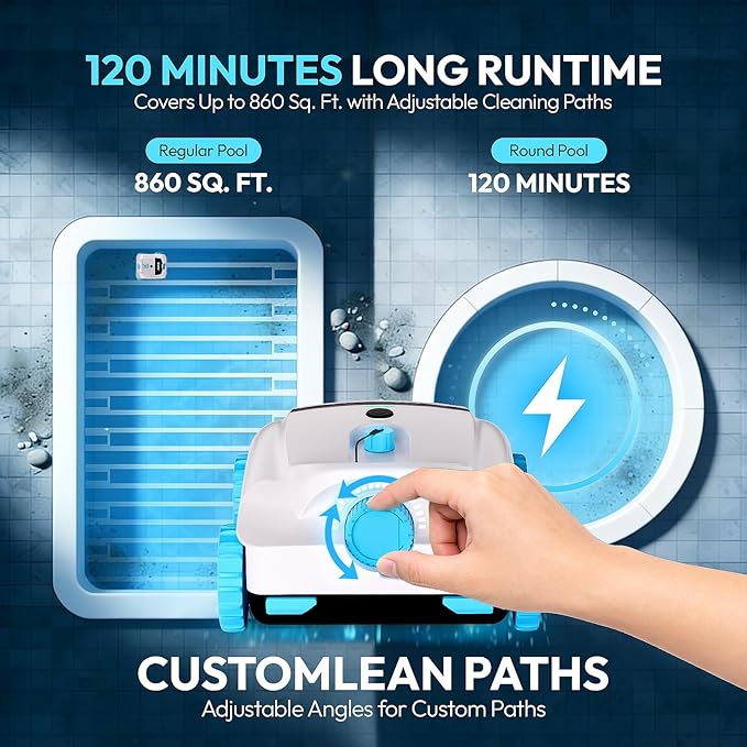 E10 Pool Vacuum,Cordless Robotic Pool Cleaner, Dual-Layer Filtration,Large Wheel for Flexible Movement, Enhanced Edge & Corner Cleaning,120-Min for Above-Ground & Flat-Bottom Pools to 860 Sq.Ft