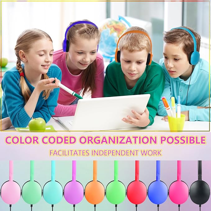 Kids Classroom Bulk Headphones 100 Pack, Wired Adjustable Over-Ear Headphones for School, Online Learning, Libraries, Testing, 3.5mm Plug Multi-Color