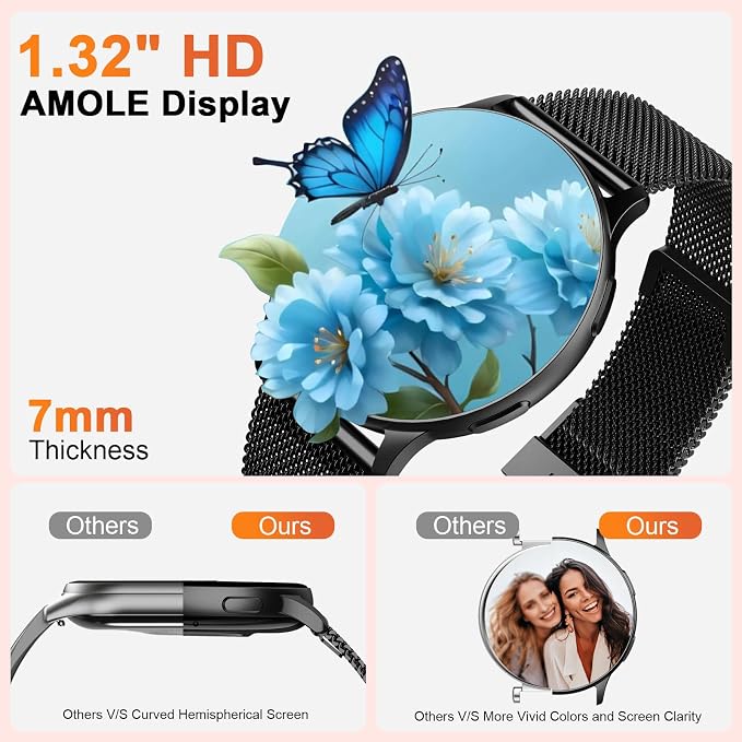 Jugeman Smart Watch for Women, 1.32" AMOLED Screen Fitness Tracker with Bluetooth Calling (Answer/Make Calls), Step Heart Rate Sleep Monitor, IP68 Waterproof Watch for Android/iPhone (Black)