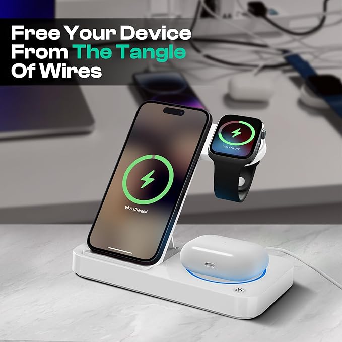 4 in 1 Wireless Charging Station for iPhone, Apple Watch & AirPods - Wireless Charger for iPhone Series 16/15/14/13/12 - Apple iWatch Series 7/9/8 with Extra USB Port & Foldable Design – White