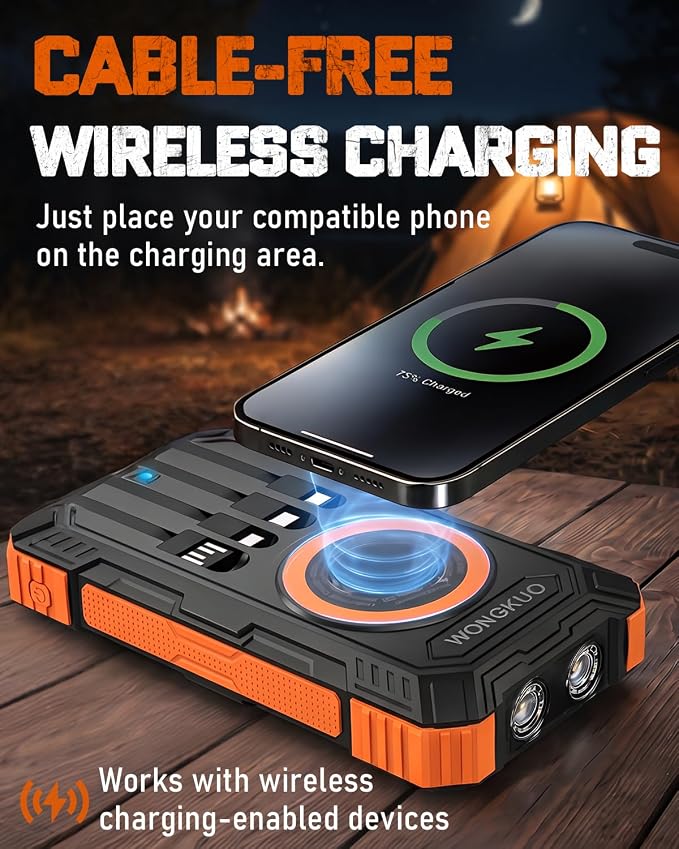 Solar Charger Power Bank - 49800mAh Solar Phone Charger with USB-C in/Output, QC 3.0 Fast Charging with LED Flashlight, Built-in 4 Cables, IP65 Waterproof Fits for Outdoor (Orange)