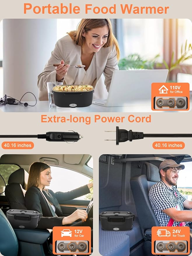 SOHIDA Electric Lunch Box, 80W Fast Heated Lunchbox for Adults, Dual 1.5L 304 Stainless Steel Portable Food Warmer for Car/Truck/Work, 12/24/110V Lonchera Eléctrica Portátil