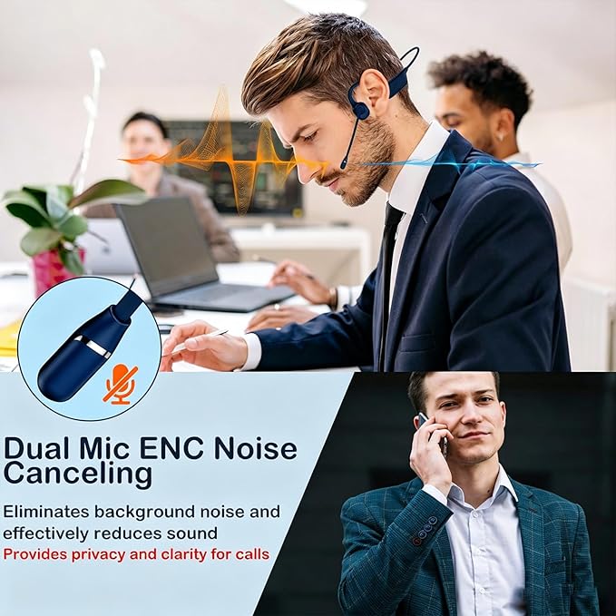 Meetings Open-Ear Headphones with Rotatable Noise-Canceling Boom Mic, Bone Conduction Bluetooth 5.4 Headphones with One-Touch Mute&Magnetic Charging for All-Day Use,Perfect for Driving Learning(Blue