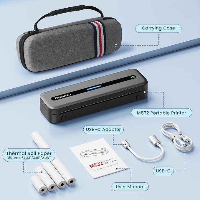 Phomemo Portable Thermal Printer, M832 Inkless Portable Printers Wireless for Travel, Bluetooth Mobile Printer Support 8.5'' x 11'' Letter & A4 Size, with Carry Case and 4 Rolls of Thermal Paper Kit