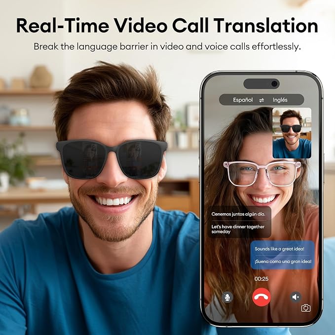 AI Smart Glasses, Bluetooth 5.4 Translation Glasses with 144 Language & Accents, Blue Light Filtering Lenses, Multifunctional Smart Glasses for Men Women, Travel Meeting Trade Business HY-C8 Black