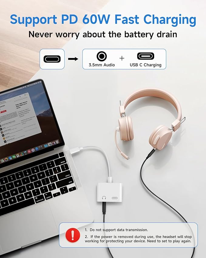 USB C to 3.5mm Headphone and Charger Adapter, Type C to Aux Jack Dongle Cable Cord with PD Fast Charging for iPhone 15/16/17 Pro/Max/Plus, iPad, Samsung Galaxy S23/S24 Ultra, Note 20(1 Pack)