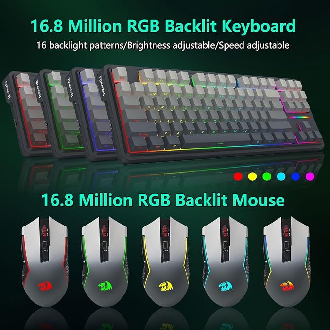 Redragon Wireless Mechanical Keyboard and Mouse Combo, Bluetooth/2.4Ghz/USB-C Wired, RGB Backlit, TKL Creamy Gaming Keyboard with Hot Swappable Linear Switches + 12800 DPI Gamer Mouse