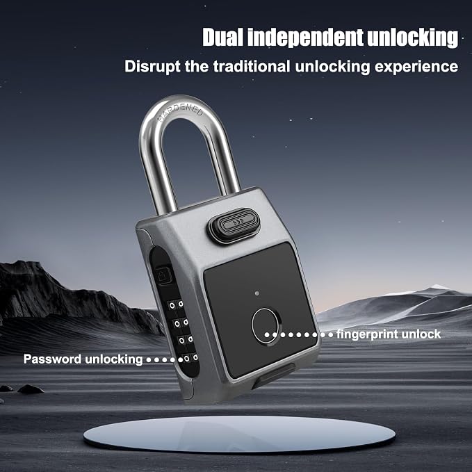 Large Fingerprint Padlock, 4 Digit Combination Lock, Diyife Outdoor Smart Weatherproof Lock with Fingerprint/Password/APP Unlock (2 in 1), USB Rechargeable, Suitable for Door, Garage, Fence, Basement