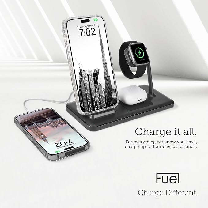 FUEL 4in1 Fast Wireless Charging Station for Multiple Devices -Portable iPhone Charger w/ Adapter -3 Charging Pads 1 USB-C Port for iPhone 17 Pro Max/16/15 Apple Watch 11/10(Charger Included) AirPods