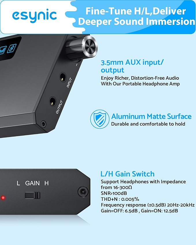 eSynic Bluetooth 5.1 Receiver Headphone Amplifier Portable-1500mAH Rechargeable 3.5MM Headphone Amp-16-300Ω-Two-Stage Gain Switch-Compact-Aluminum Matte Surface-for Phone/Car Aux/CD Players