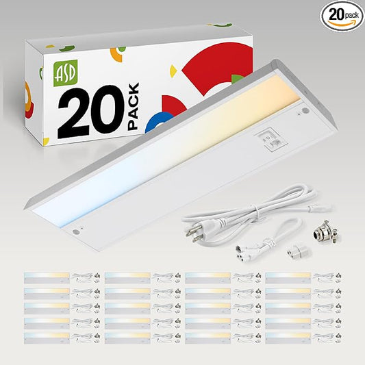 ASD LED Under Cabinet Lighting Plug in or Hardwired 12 Inch, Dimmable Under Cabinet Lights with High/Low/Off Switch, 3CCT 2700K-4000K, Linkable Under Counter Lights for Kitchen, ETL, White, 20 Pack