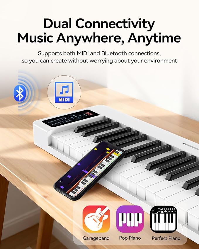 Rhymo Folding Piano Keyboard, 61 Keys Sensitive Electric Piano, Semi-Weighted Portable Electric Keyboard with Bluetooth MIDI, Digital Foldable Keyboard for Beginners(White)
