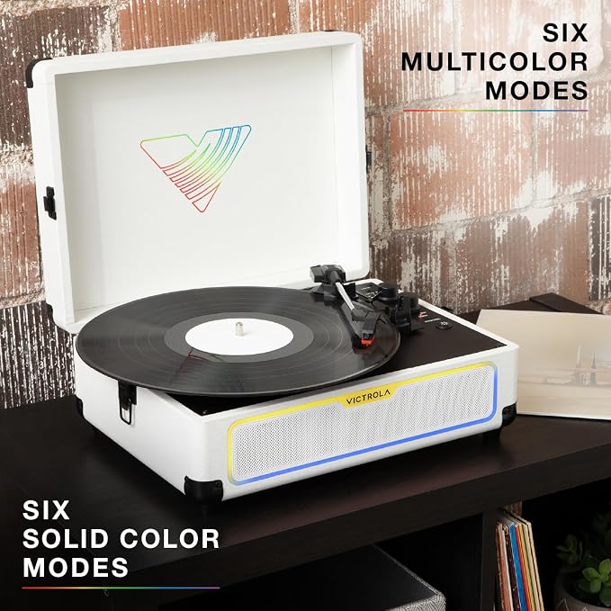 Victrola Journey Glow – Illuminated Suitcase Record Player – 18 RGB Light Effects, Stereo Speakers with Enhanced Bass, Bluetooth Streaming, (White)