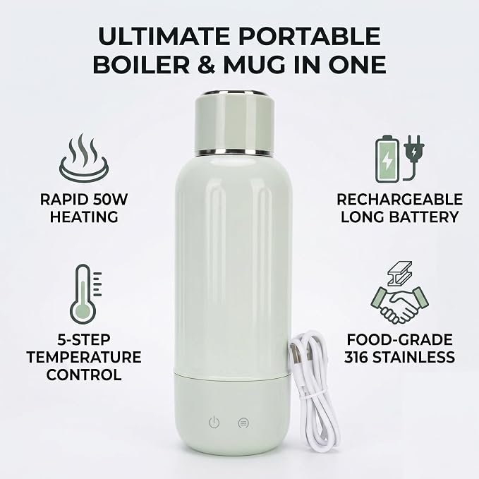 Travel Electric Kettle, 500ml Portable Rechargeable Water Heated with 5 Temperature Control and 5200mAh Battery, for Camping Car Office Travel (Green)
