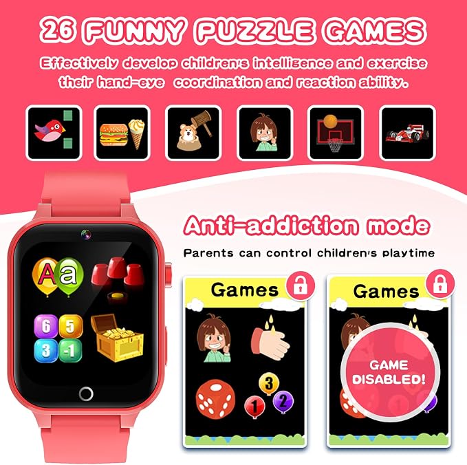 Cosjoype Kids Smart Watch Gift for Girls Age 4-12, 26 Games HD Touch Screen Kids Watches with Video Camera Music Player Pedometer 12/24 hr Educational Toys Birthday Gifts for Girls Ages 6 7 8 9 10