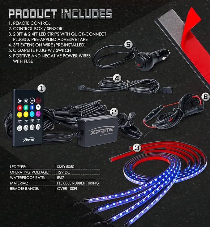 Xprite Car Underglow Neon Accent Strip Lights, 4Pcs RGB 252 LEDs Underglow Kit with Sound Active Function Music Mode & Wireless Remote, Exterior Car Lights Underbody Lighting for Car Van SUV Truck