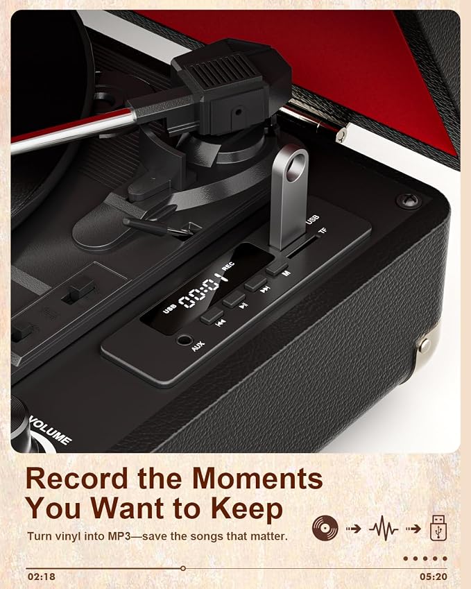 TANALNIN Vinyl Record Player, 3-Speed Bluetooth Portable Suitcase Turntable with Built-in Speakers, USB Recording, RCA Output, AUX Input/Output, Vintage Vinyl Player for Home, Bedroom or Gifting,Black