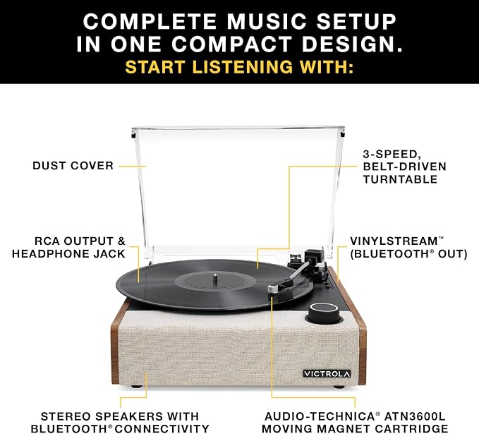 Victrola Eastwood II Record Player with Speakers – Bluetooth 5.1 and Vinyl Stream Technology, Vintage Style 3-Speed Vinyl Player, Audio Technica AT-3600LA Cartridge (Black)