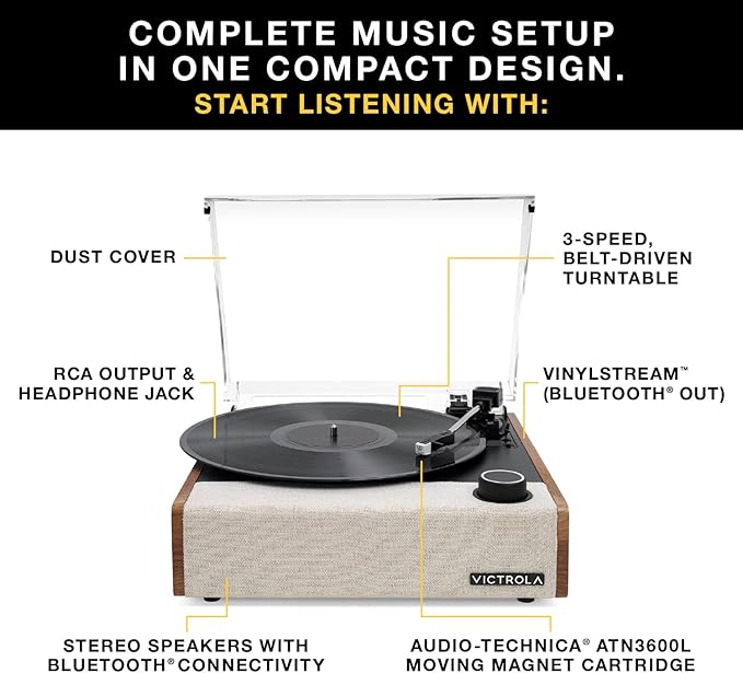 Victrola Eastwood II Record Player with Speakers – Bluetooth 5.1 and Vinyl Stream Technology, Vintage Style 3-Speed Vinyl Player, Audio Technica AT-3600LA Cartridge (Oak)