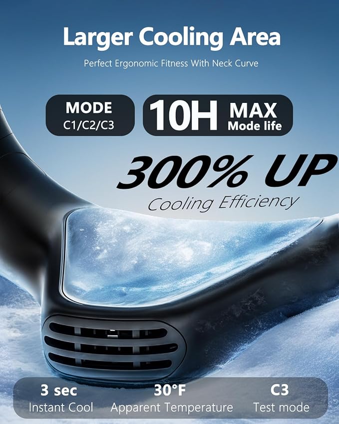 Neck Fan 5200mAh Portable Neck Air Conditioner with Cooling Plate | Features 6 adjustable levels and 360° airflow. Fast cooling rechargeable wearable personal fan for men and women.