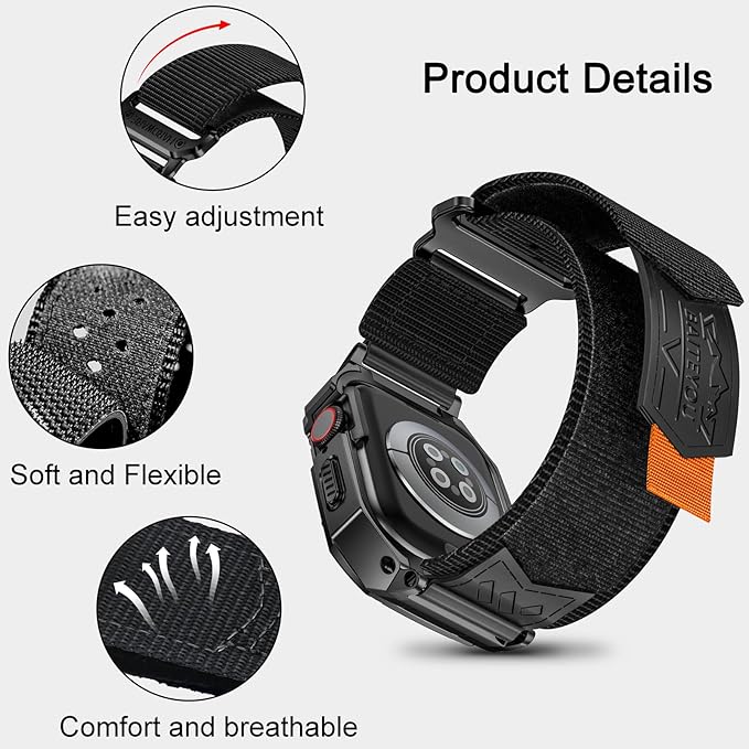 BAITEYOU Band with Case Compatible with Apple Watch Band 45mm Series 9 8 7, Nylon Strap with Stainless Steel Metal Rugged Case Cover for iwatch Bands for Men