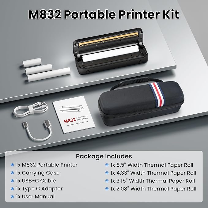 Phomemo Portable Printers Wireless for Travel, M832 Inkless Bluetooth Thermal Printer Support 8.5'' x 11'' US Letter & A4 Size, Compatible with iPhone Android Laptop for Mobile Office Home, with Case