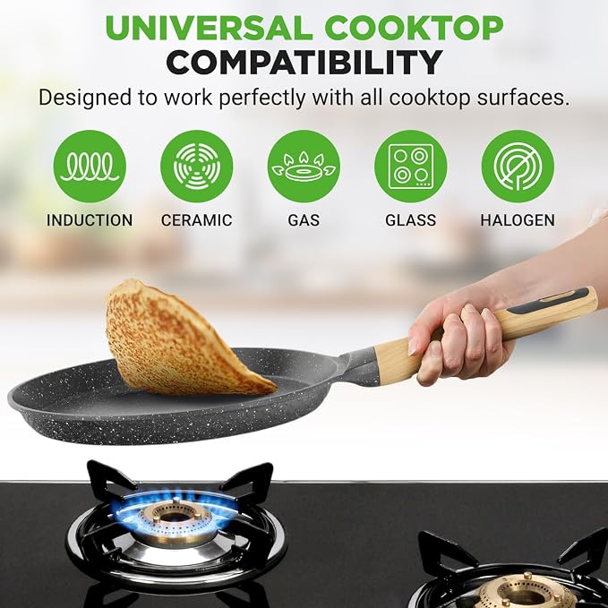 NutriChef 2-Pack Non-Stick Crepe Pan Set – 11” Marble Coated Dosa Pans with Wooden Spreaders, Bakelite and Wood Handles, Induction-Compatible, Easy-to-Clean, Stain-Resistant (Black Marble)