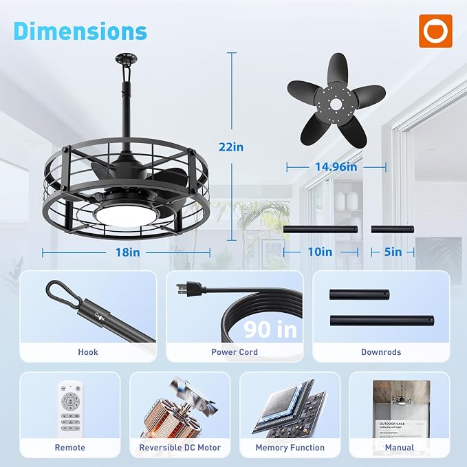 addlon 20 Inch Outdoor Ceiling Fans with Lights, IP65 Waterproof Plug in Caged Hanging Fan for Gazebo, Remote Control, 3 CCT, 6 Speeds Reversible Outdoor Fan for Patio, Pergola, Porch