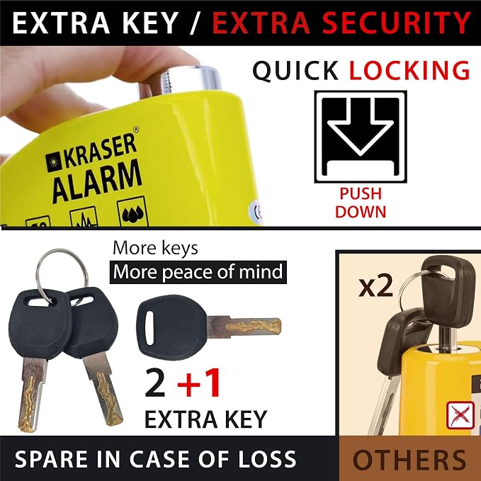 KRASER KR6Y Alarm Disc Lock, Reinforced Disc Brake Lock with 3 Keys (Others 2), Heavy Duty Anti-Theft Motorcycle with Alarm,110dB, Weather-Resistant, Reminder Cable, Pouch, Motorbike Moped E-Bike