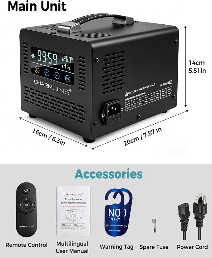 Charmline 60,000 mg/h Smart Ozone Generator with Remote Control, High Capacity O3 Commercial Ozone Machine, Odor Eliminator for Smoke, Pet Smells, Cars, Rooms & Basements, Black