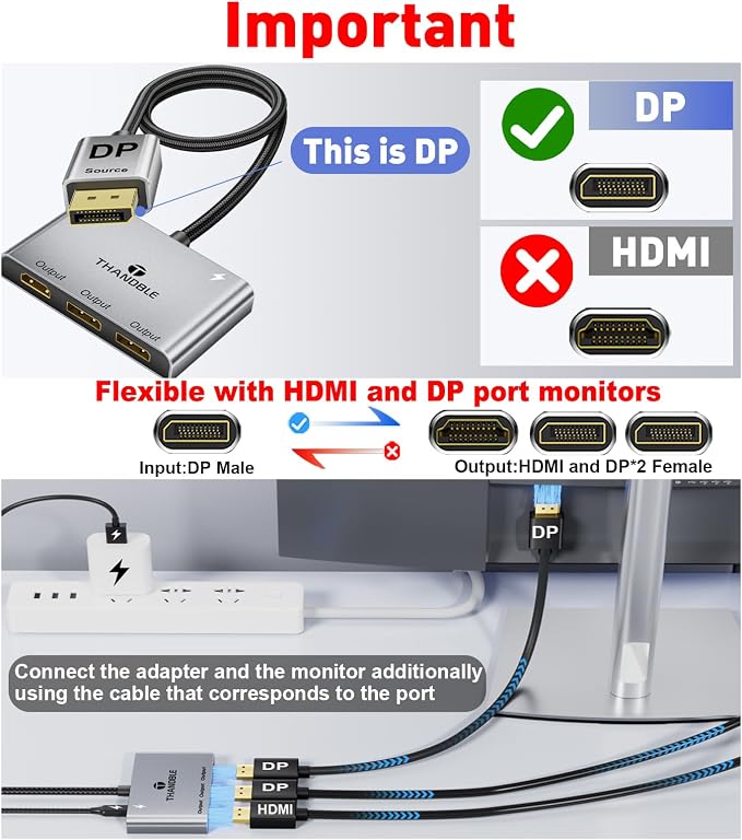 DisplayPort to Dual DisplayPort with HDMI Adapter 4K@60Hz, Extended Display 1 in 3 Out MST Hub for Multiple Monitors Compatible with PC,NVIDIA/AMD Graphics Card